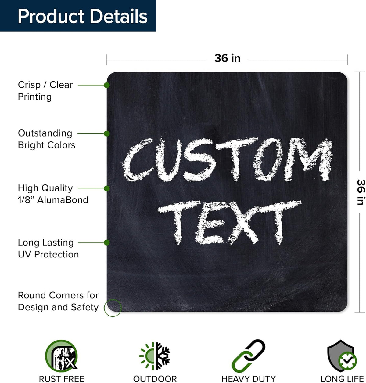 Custom Sign, Custom Street Sign, 11 Font Colors, 13 Font Styles, 4 Hole Options, 22 Sizes, 36x36
