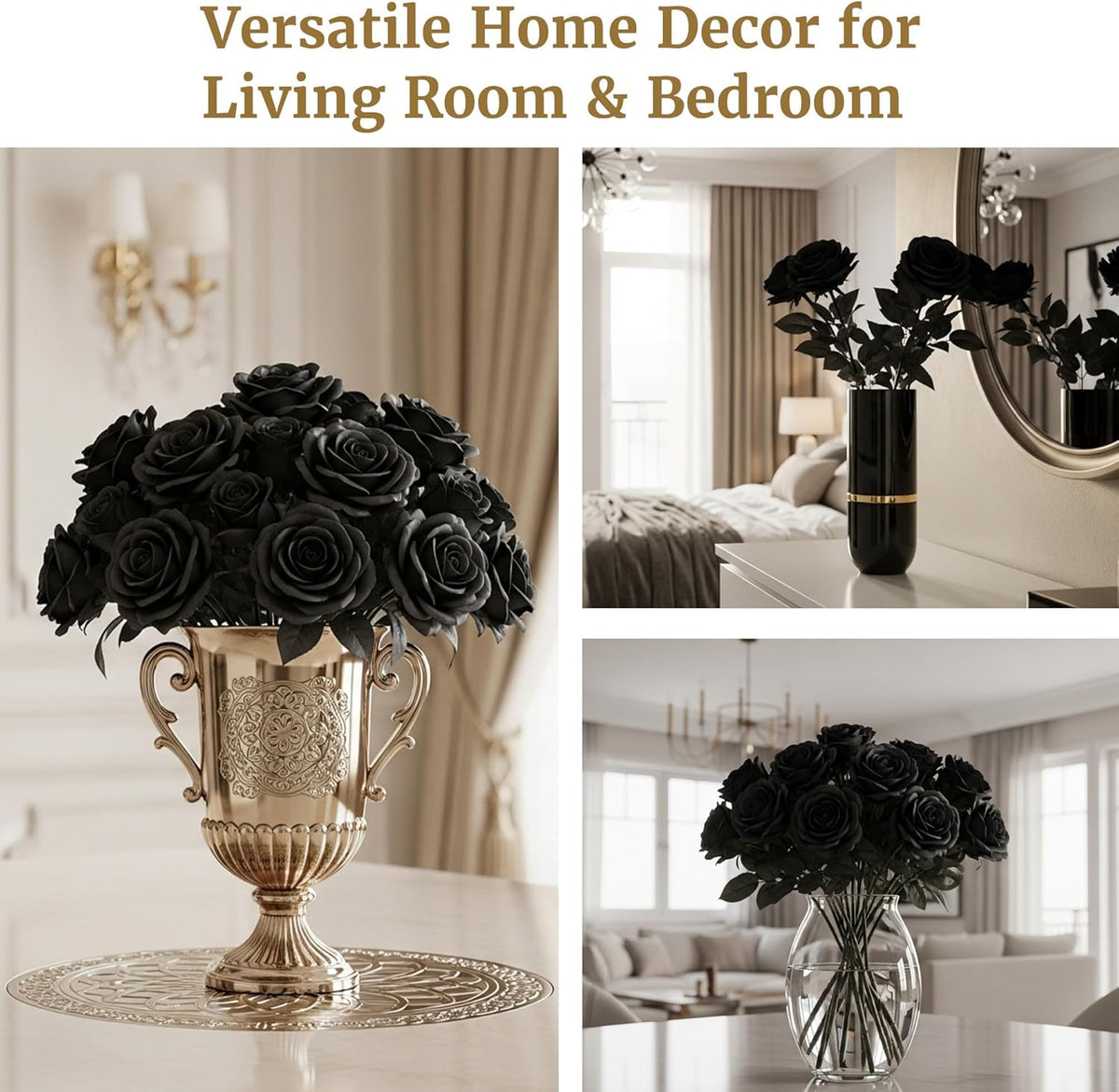 Auihiay 60PCS Black Fake Roses, Velvet Silk Artificial Roses, Realistic Roses Flowers for Photo