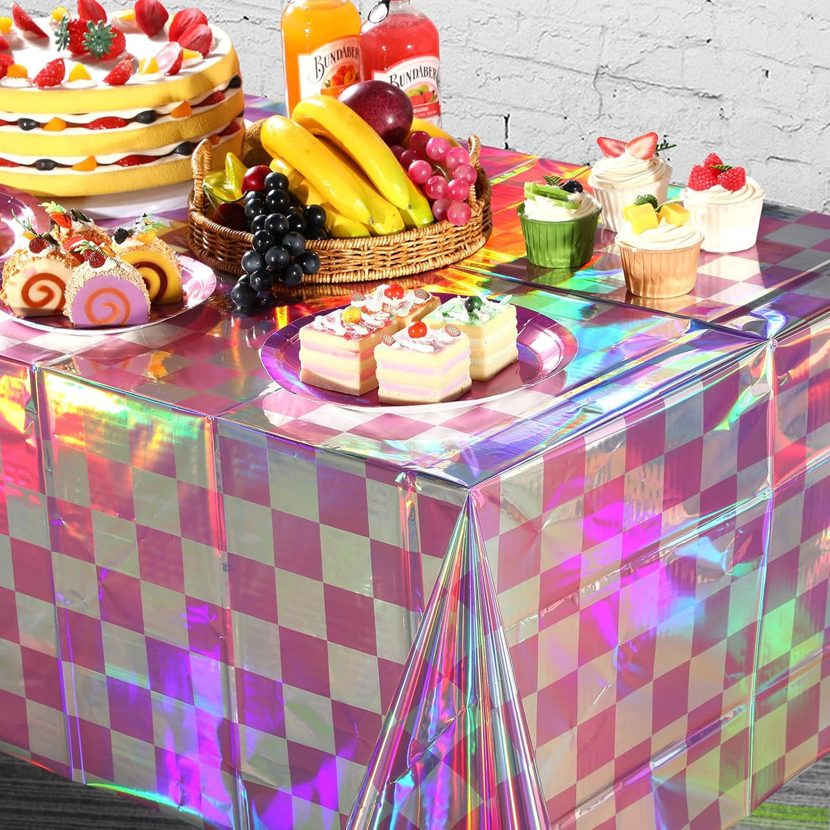 6 Pack Pink and Iridescent Checkered Plastic Tablecloth, Shiny Disposable Laser Rectangle Table
