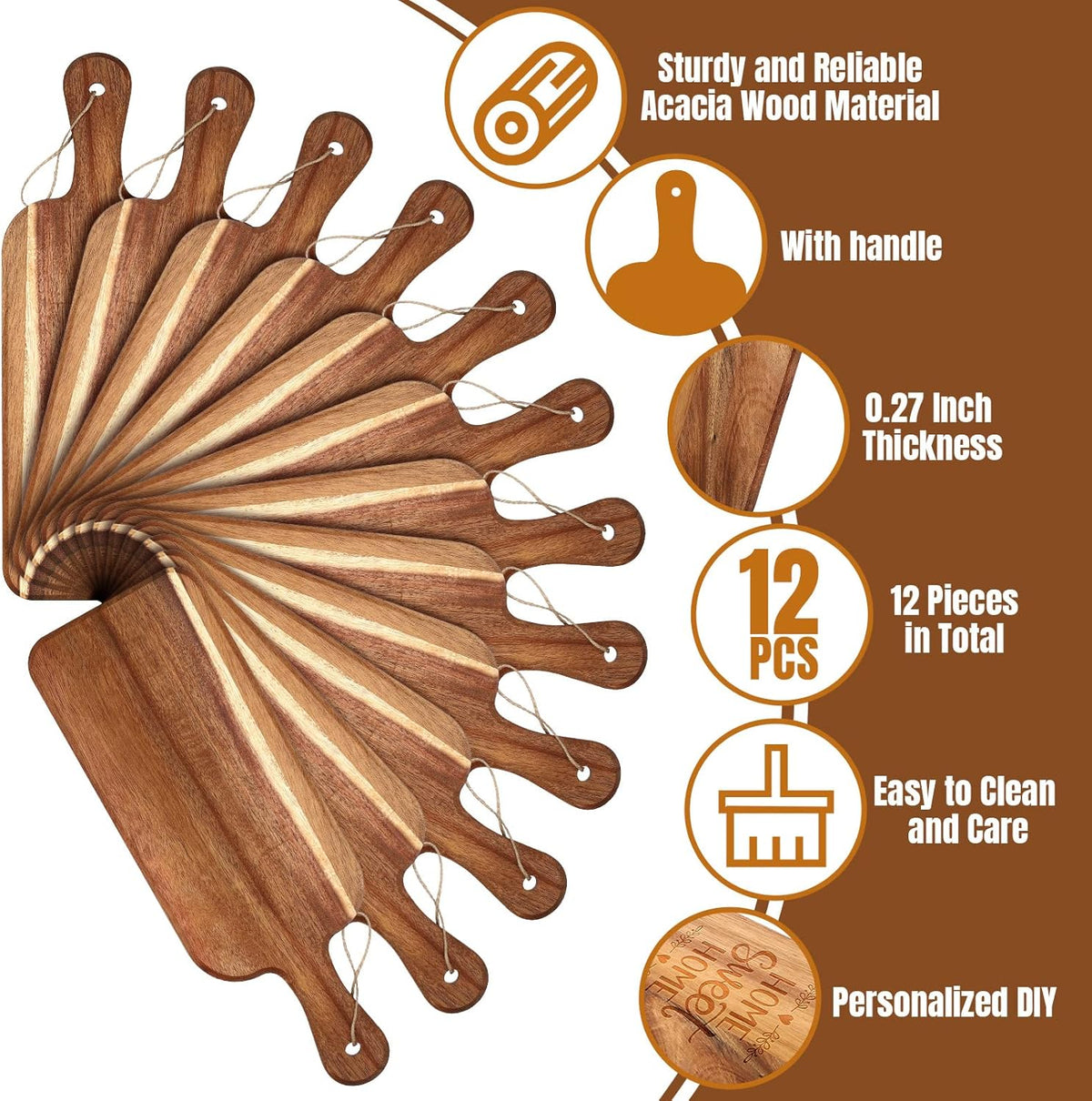 Patelai 12 Packs Wooden Cutting Board Set with Handles Large Kitchen Serving Plain Chopping Board