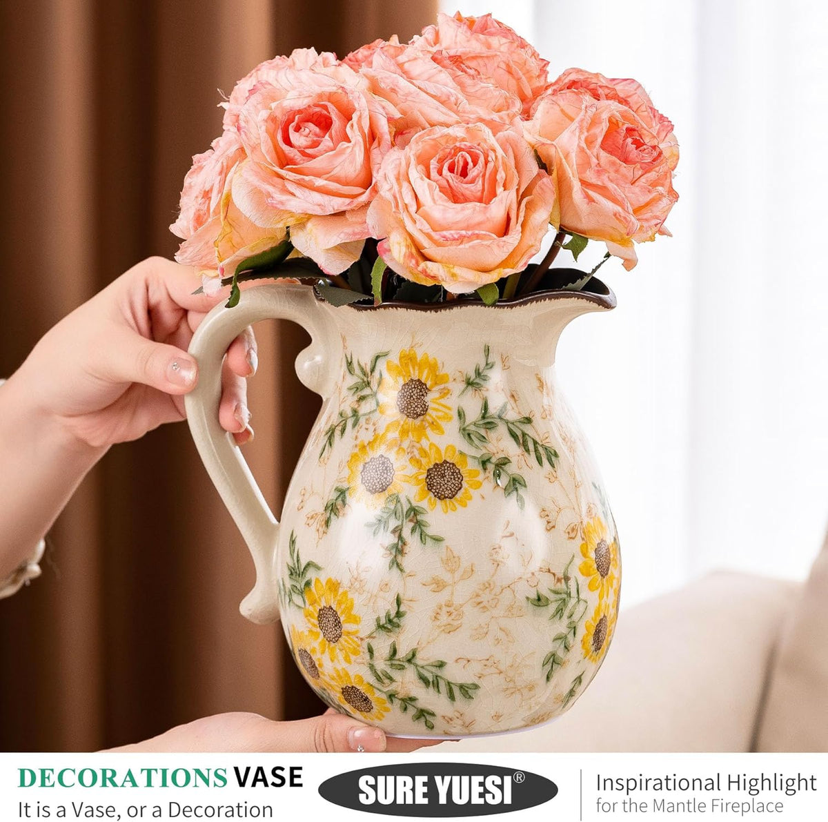 Sunflower Vintage Ceramic Yellow Floral Vase with Handle, Chinoiserie Floral Pitcher Vase, Rustic