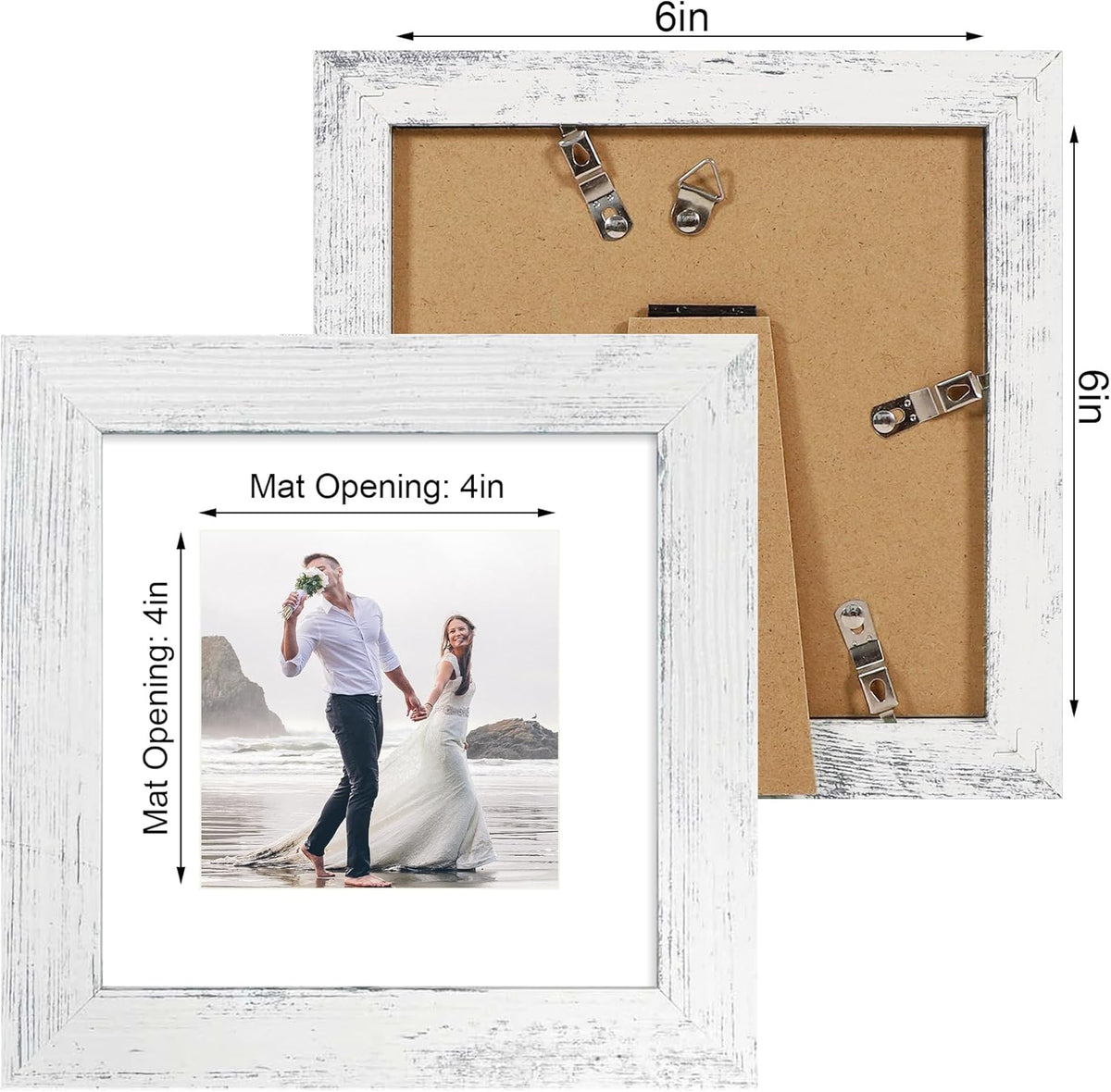 6x6 Picture Frame Set of 4 with High Definition Glass, Distressed White Frames Display 4x4 Picture