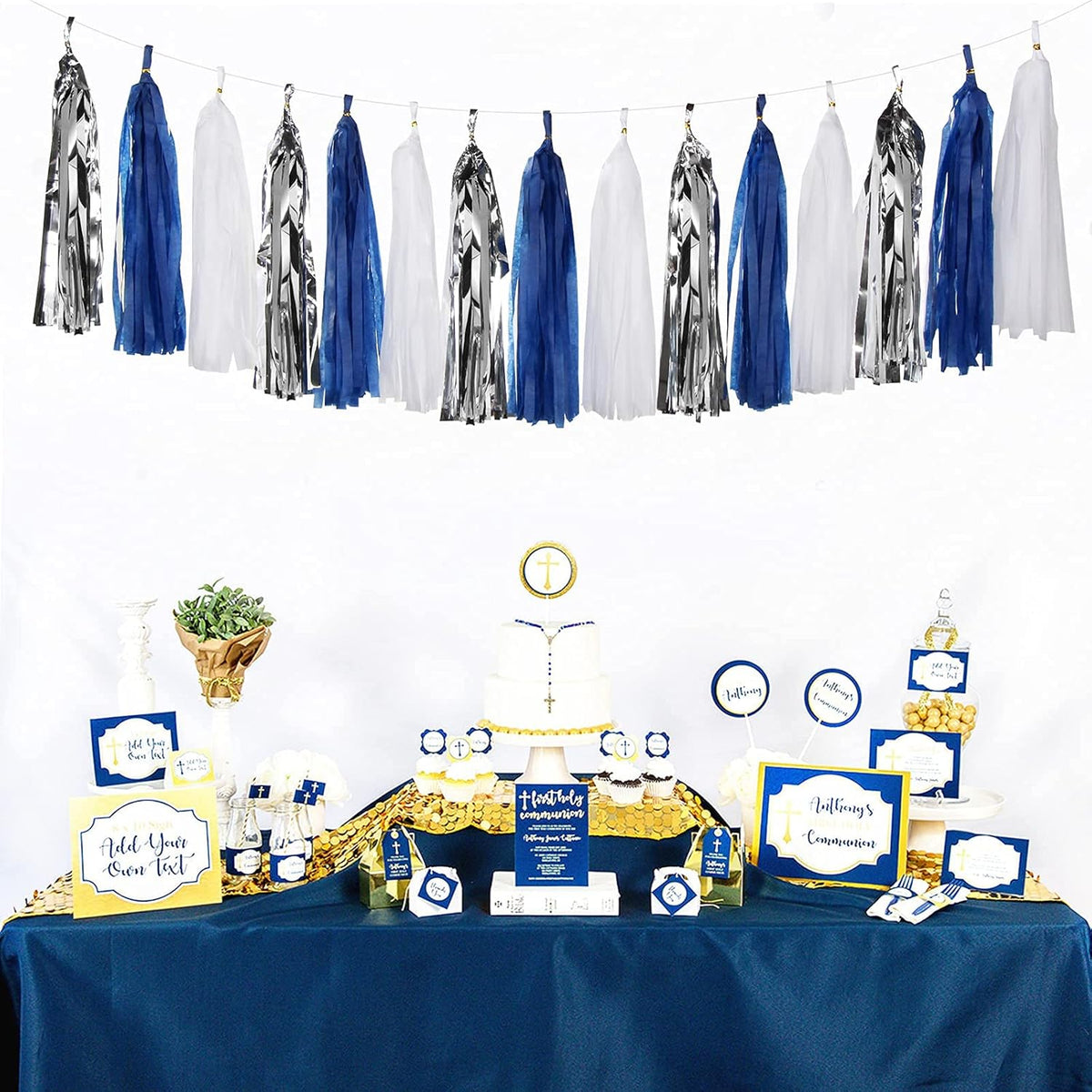 Navy Blue White Silver Party Decorations,23pcs Kit Graduation 2025 Tissue Paper Pom Poms