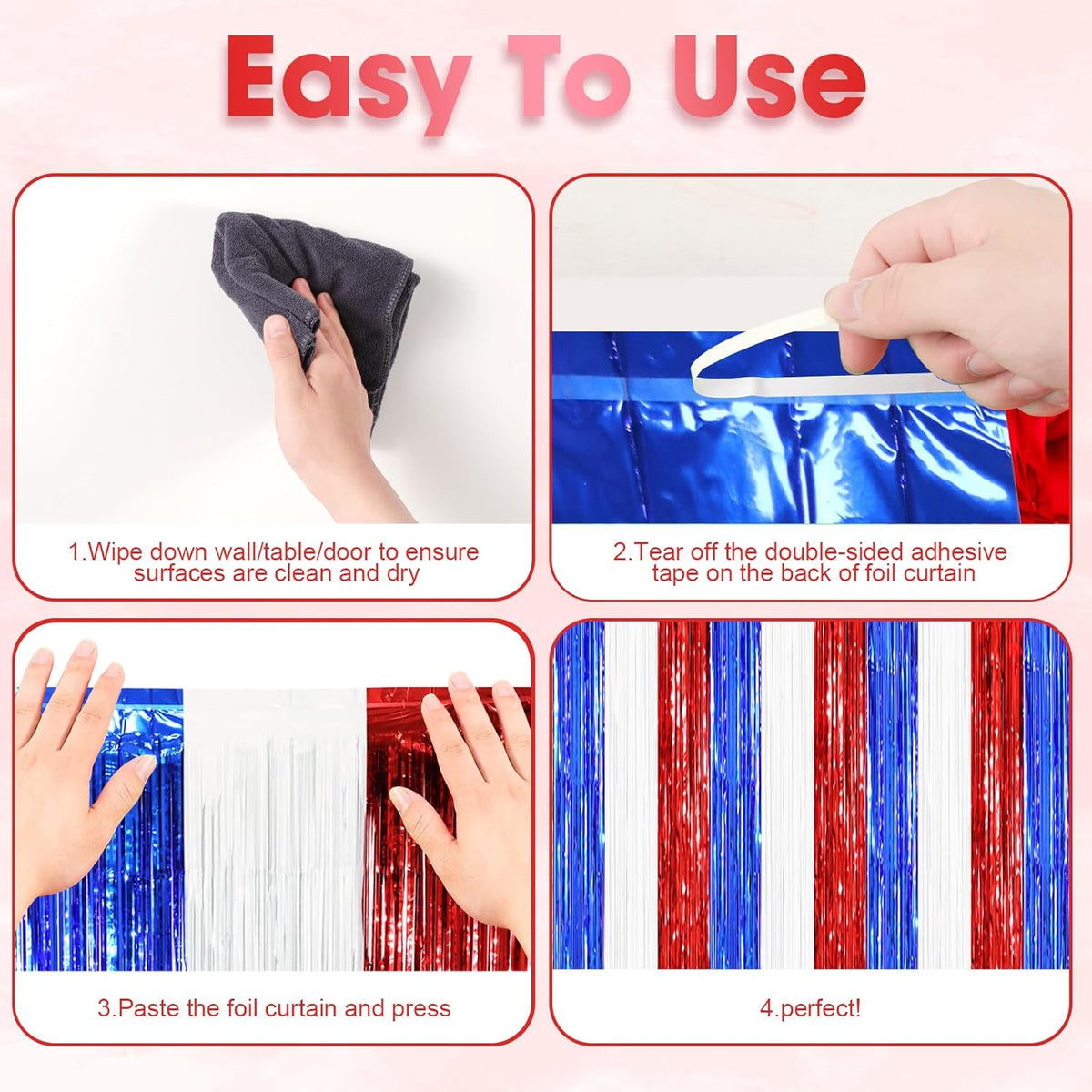 2 Pack Red White and Blue Tinsel Foil Fringe Curtains, 4th of July Decorations, Metallic Tinsel