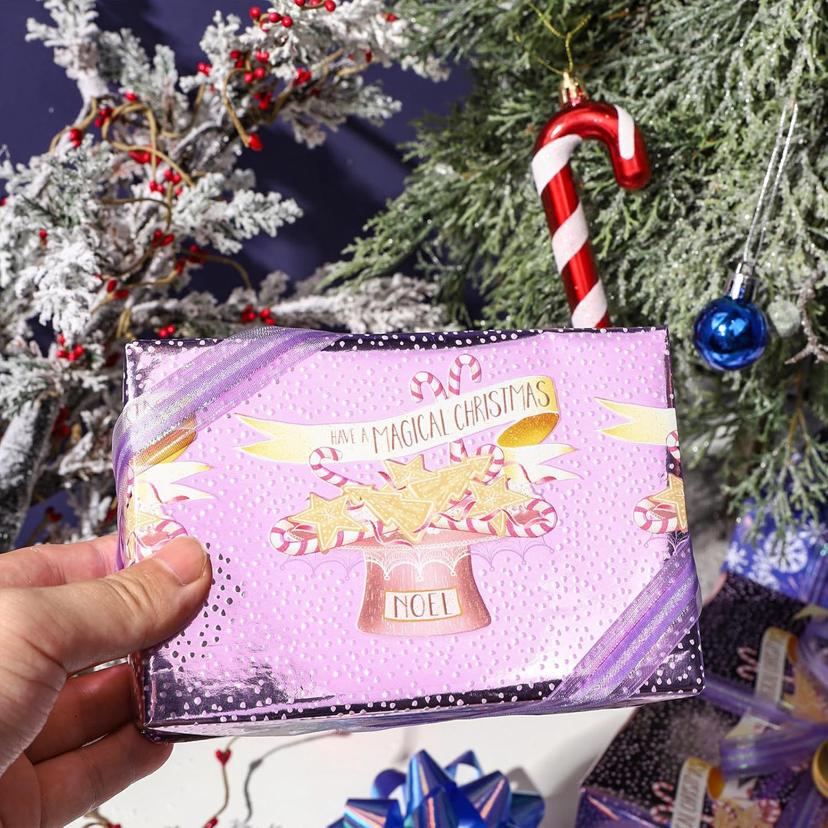 LeZakaa Christmas Purple Wrapping Paper Mini Roll, Have a Magical Christmas Cake Stand, Snowflake