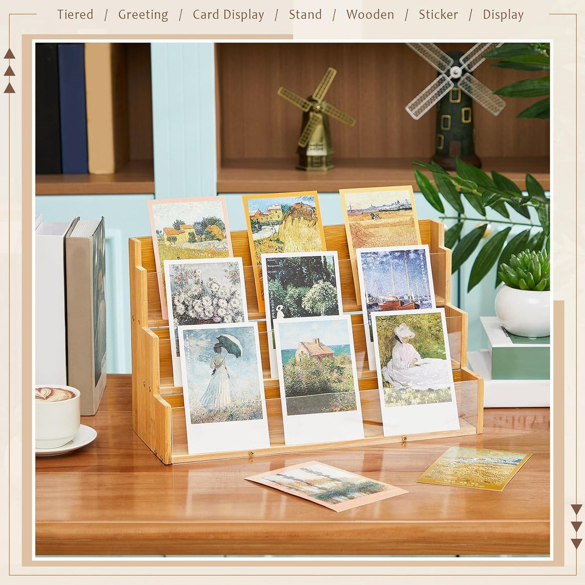 3 Tier Greeting Card Display Stand Wood Color Bamboo and Acrylic Sticker Display Stand Trading Card