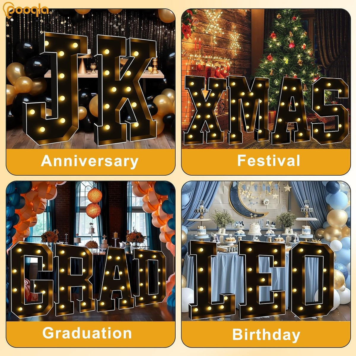 Pooqla 3FT Marquee Light Up Letters, Black LED Party Decor Large Marquee Letters 3 Feet Tall, Giant