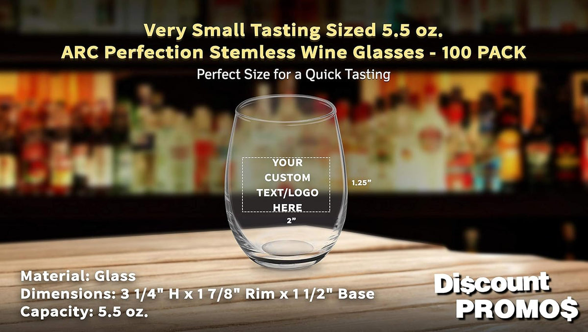Custom Stemless Wine Glasses by ARC 5.5 oz. Set of 100, Personalized Bulk Pack - Perfect for Hotel
