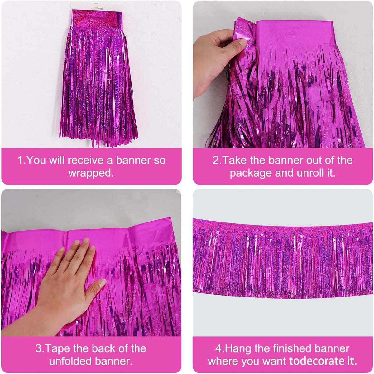 BEISHIDA 3 Packs Metallic Foil Fringe Garland Laser Rose Red Wall Hanging Tinsel Fringe Banners for