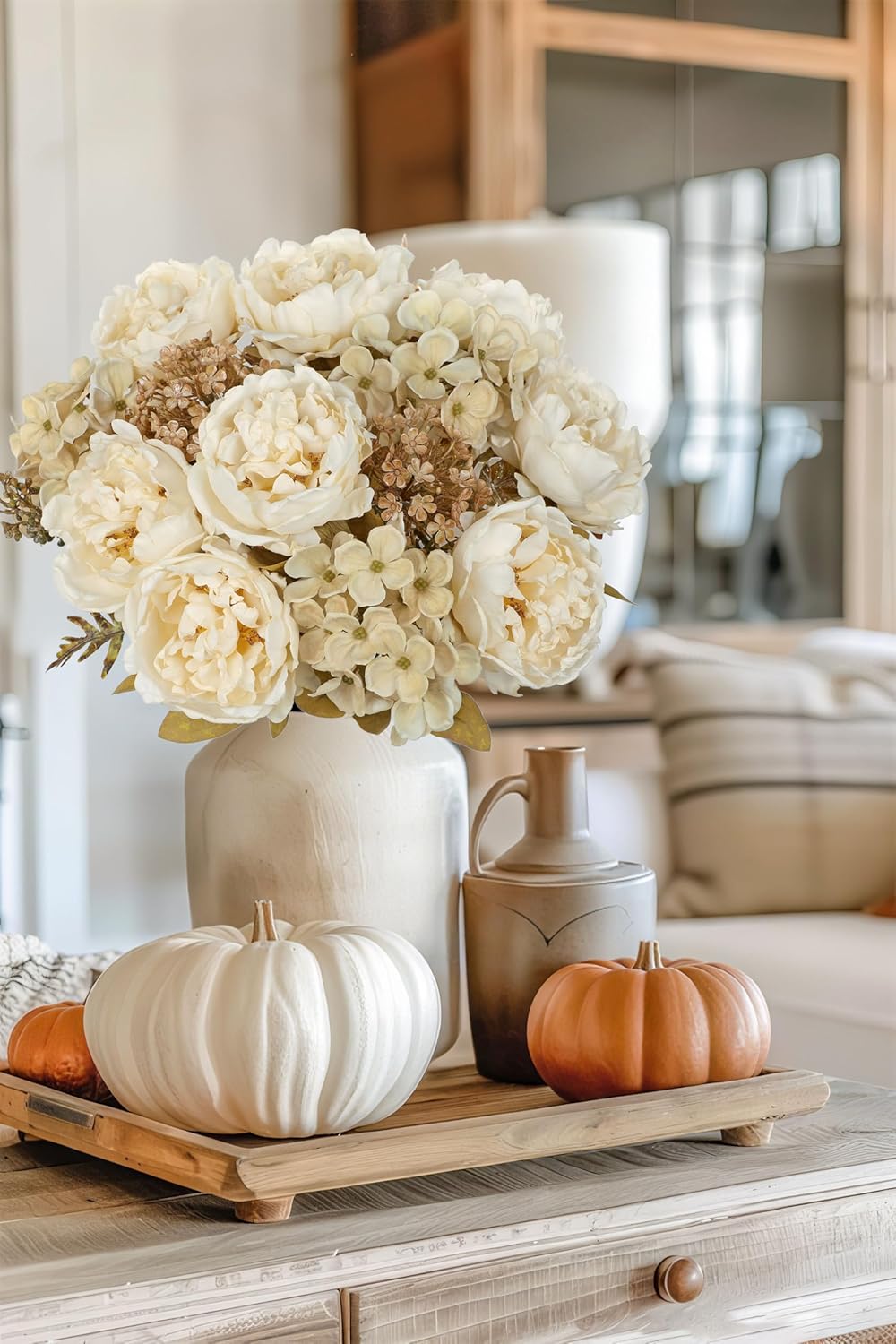 Hollyone 2Pcs Artificial Fall Flowers Bouquet 18.8" White Dried Peony Hydrangea Fake Fall Floral