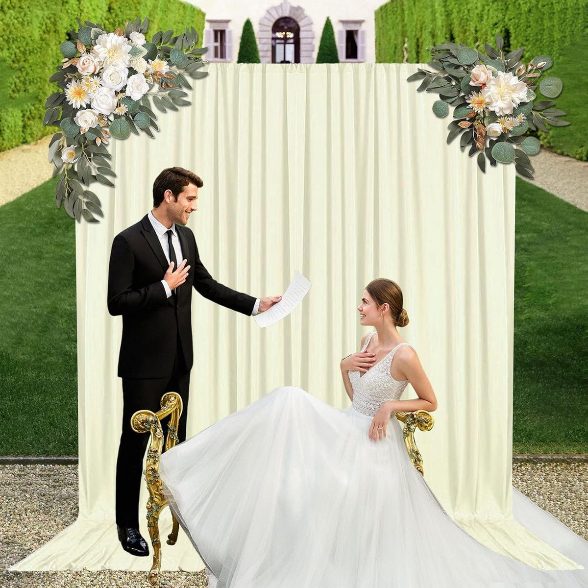 10ft x 10ft Ivory White Backdrop Curtains for Parties, Fabric Satin Background Curtain with Rod