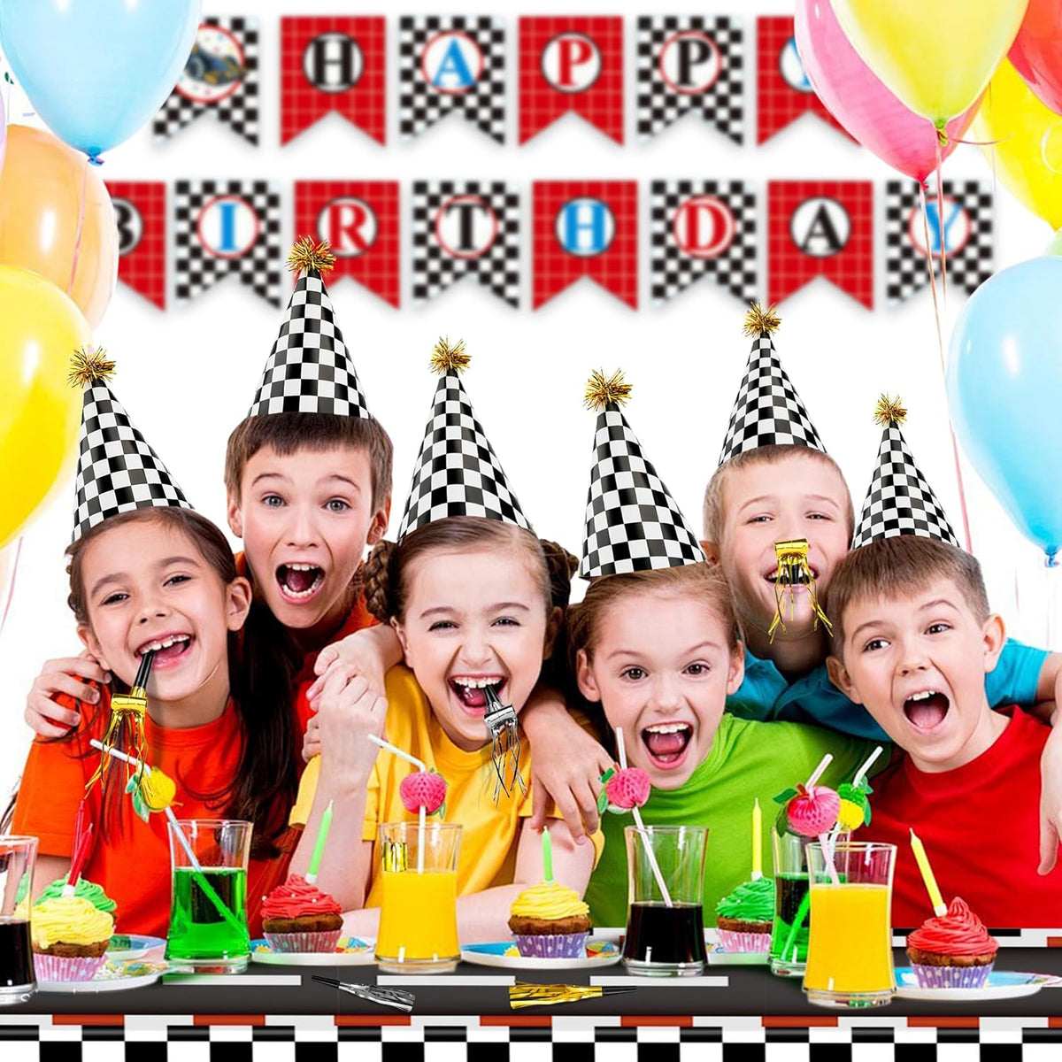 48 Race Car Birthday Party Hats Race Car Party Supplies Include Black White Checkered Cone Hats