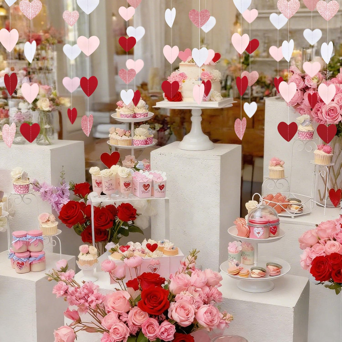 XIANMU 8 Strands Heart Garland Valentines Day Heart Paper Streamers Banner Rose-Gold Pink