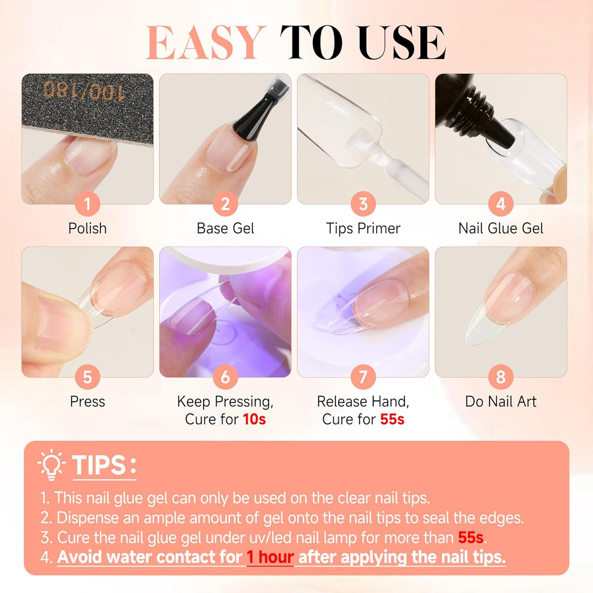 UNA GELLA Gel Nail Glue, Solid Nails Gl ue Gel 40ml Lamp Curing Needed Soak Off G LUE Strong Nail G