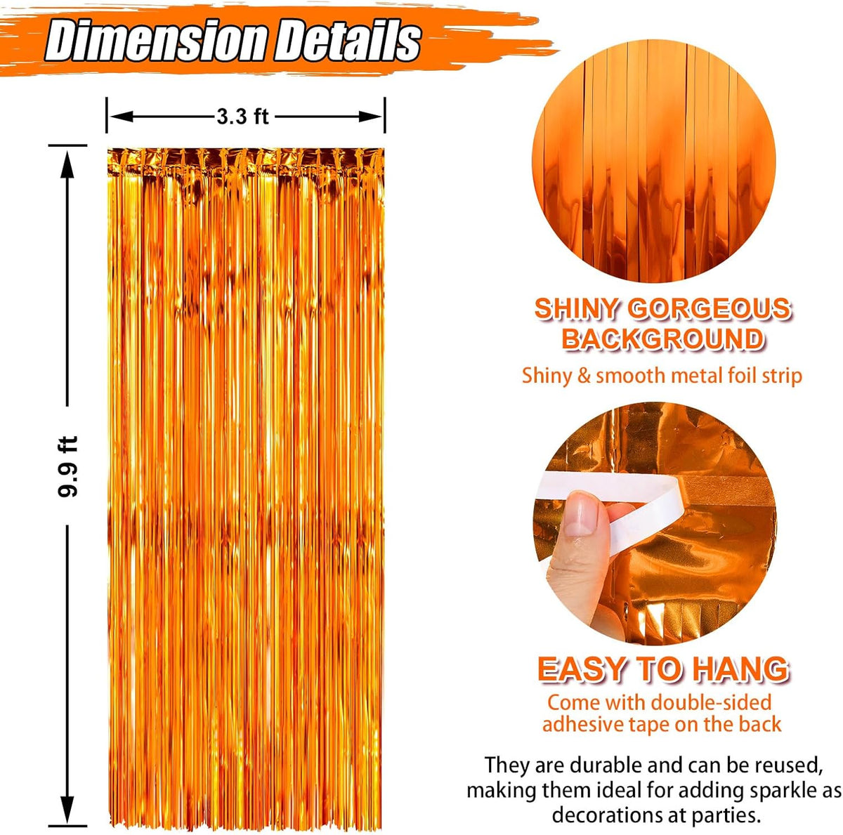 Crosize 3 Pack 3.3 x 9.9 ft Orange Foil Fringe Glitter Curtains Party Decorations, Tinsel Backdrop
