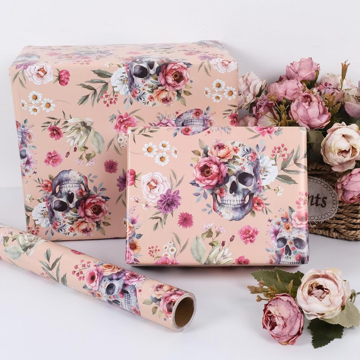 Aimyoo Gothic Wrapping Paper Roll, 17 Inch X 16.5 Fee Skull Floral Berry Design Gift Wrap Paper for