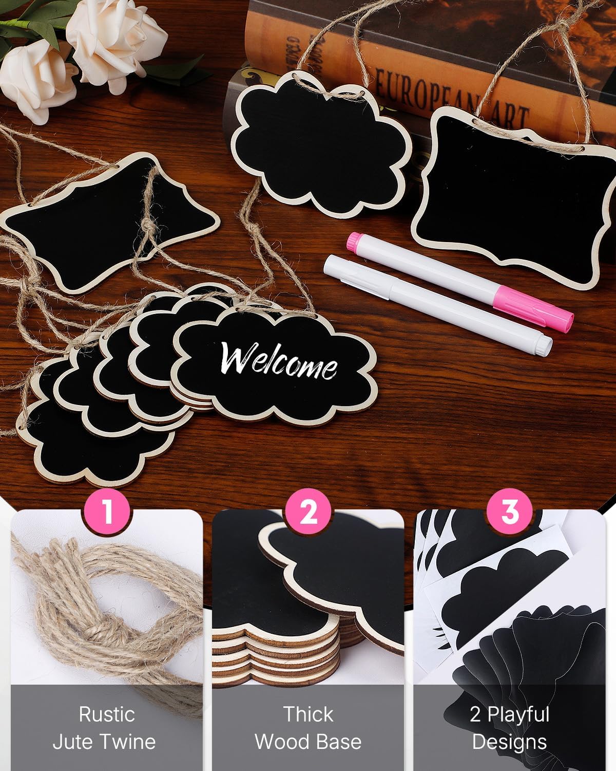 Uniclife 24 Pack Mini Chalkboard Signs for Food, Small Chalkboard Signs with Strings Chalk Markers