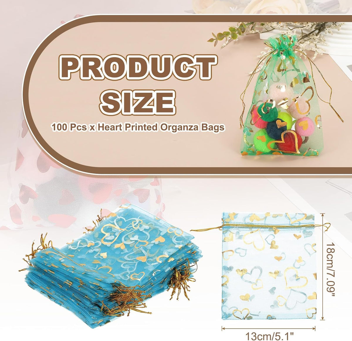 PATIKIL 100 Pcs 5x7 Inch Heart Printed Organza Bags, Lake Blue Sheer Heart Organza Bags with