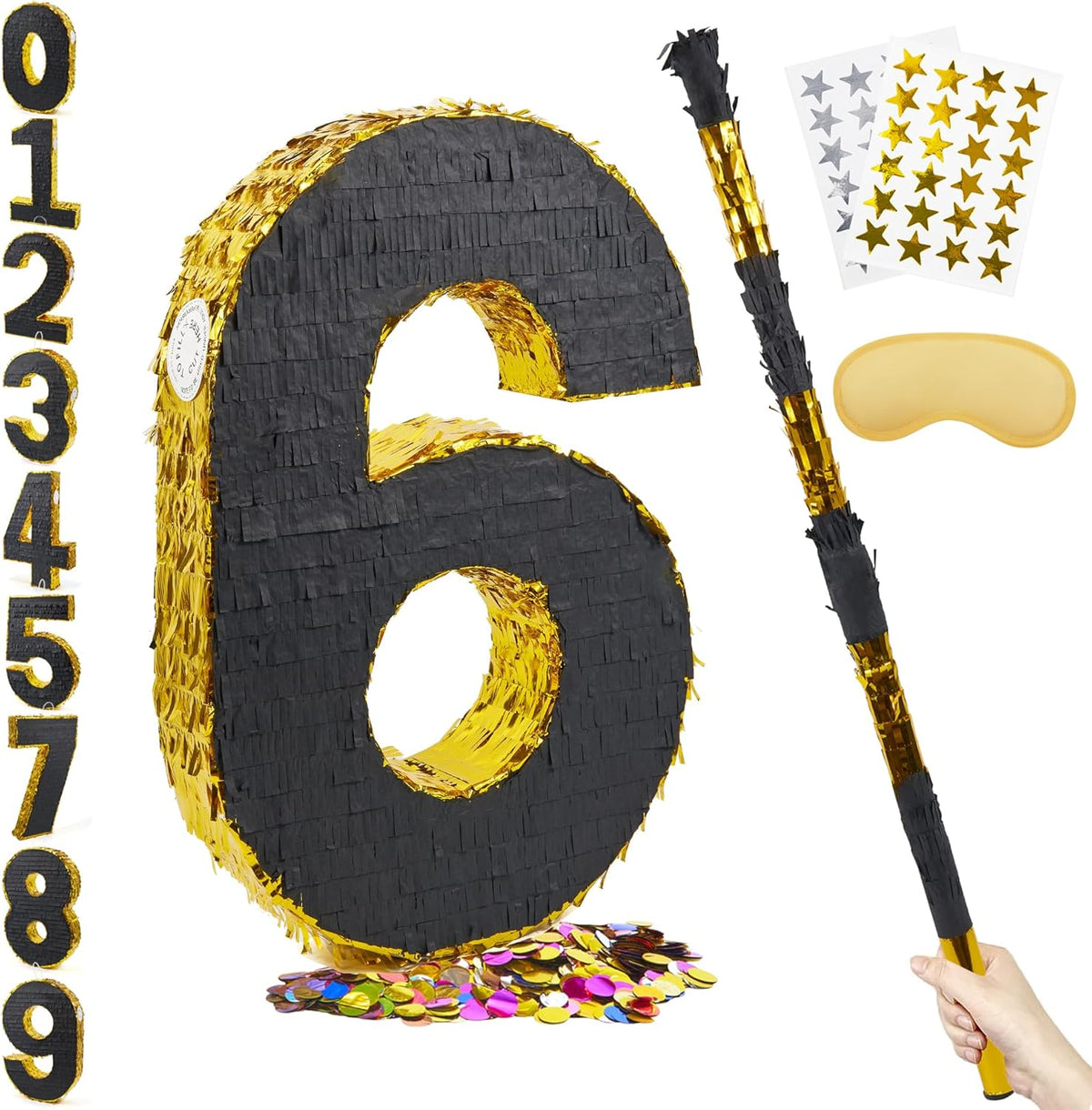 PCFING 20 Inch Number 6 Piñata Gold Black with 30 Inch Piñata Stick Blindfold Confetti for Man