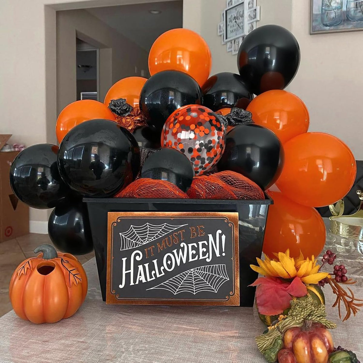 Patimate Black Orange Halloween Balloons Set, 50 pcs 12 inch Orange Black Confetti Latex Balloons
