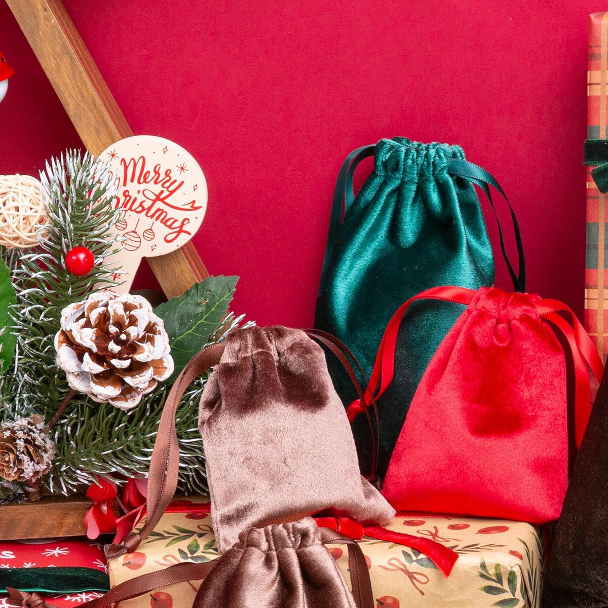 QIANF 12pcs Red Velvet Drawstring Bags 3x4 inches Velvet Cloth Small Gift Bags Jewelry Pouches for