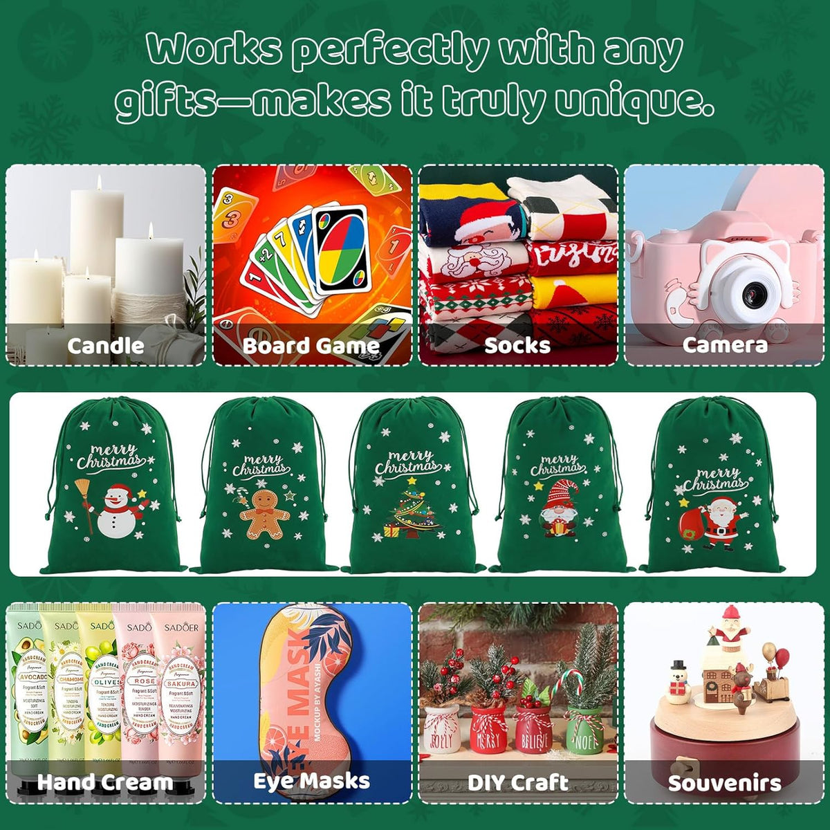 Tapleap Coth Christmas Bags with Drawstring - 50Pcs 7x10 Green Velvet for Small Bussiness Wrapping