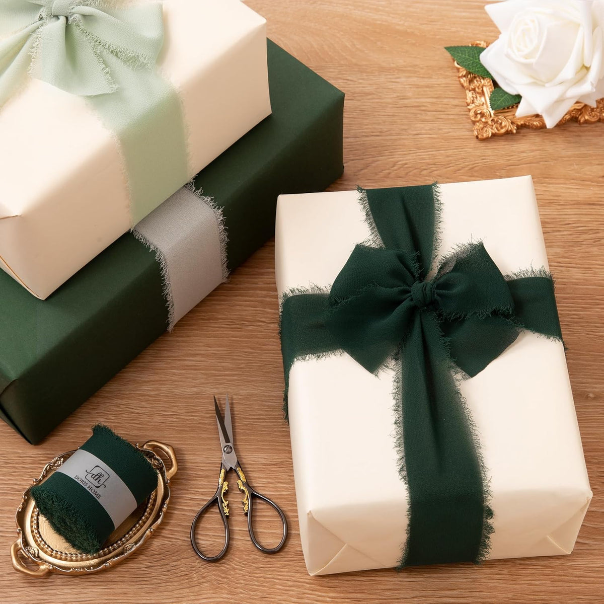 DORIS HOME 2" x21Yd Chiffon Ribbon for Flower Bouquet, Green & Cream Fabric Ribbon for Gift