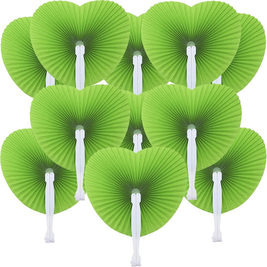 12 Packs Decorative Paper Folding Hand Fans Handheld,Grass Green Heart Foldable Wedding Fans