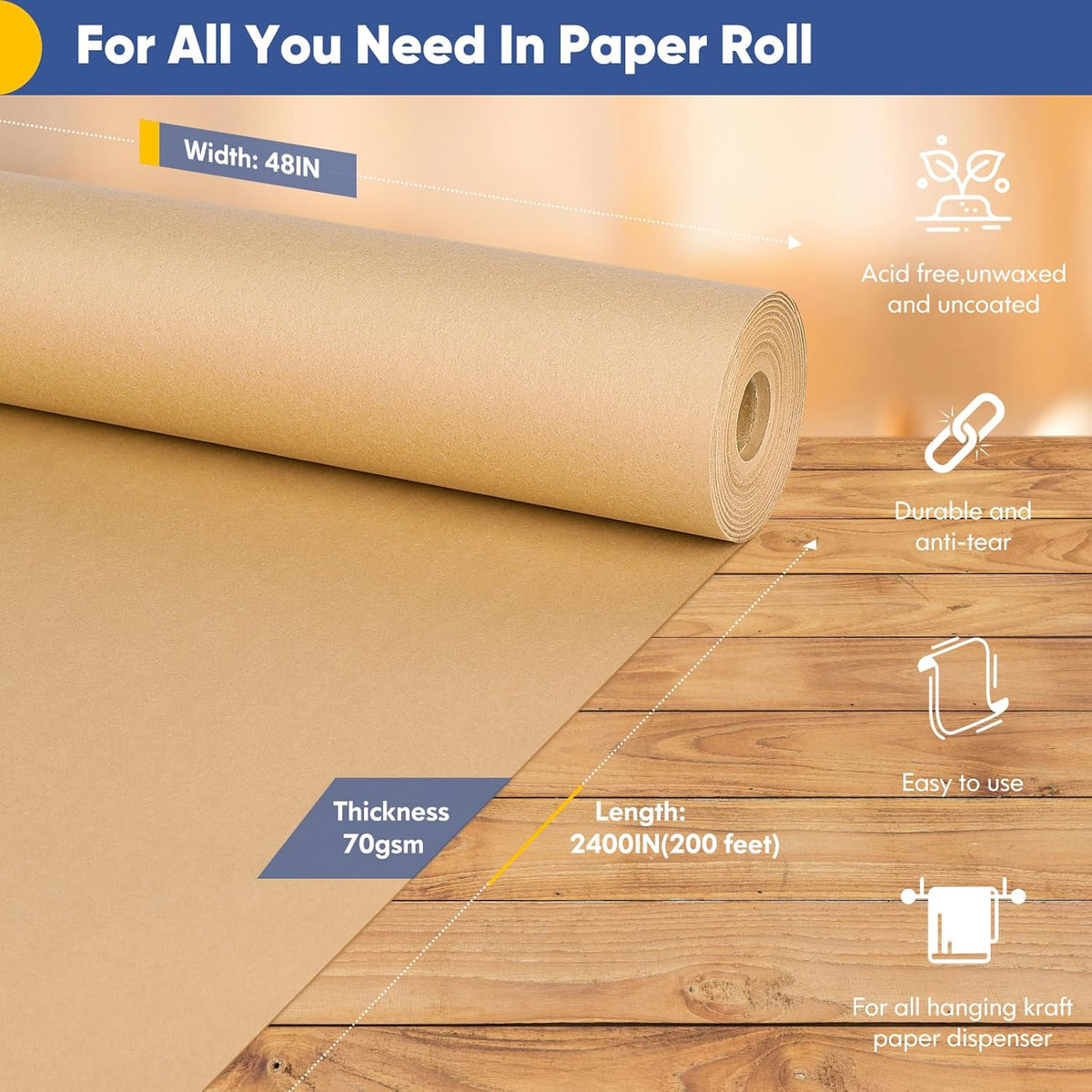Vanhench 48"x 2400" (200') Brown Jumbo Roll Wrapping Paper, Kraft Craft Paper Roll for Bulletin