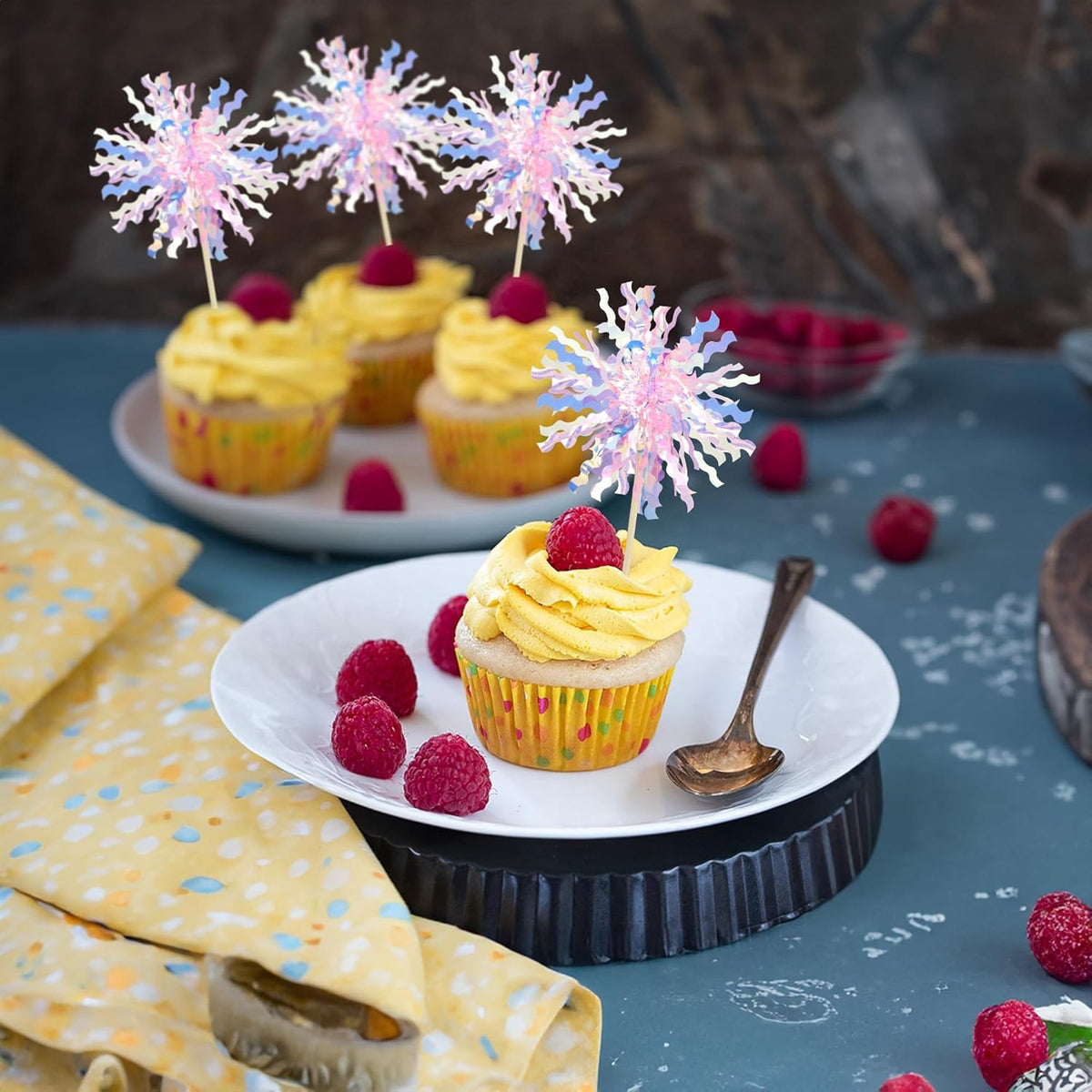 Gyufise 30Pcs Foil Firework Cupcake Toppers Sparkle Tinsel Cake Toppers Tinsel Drink Cake