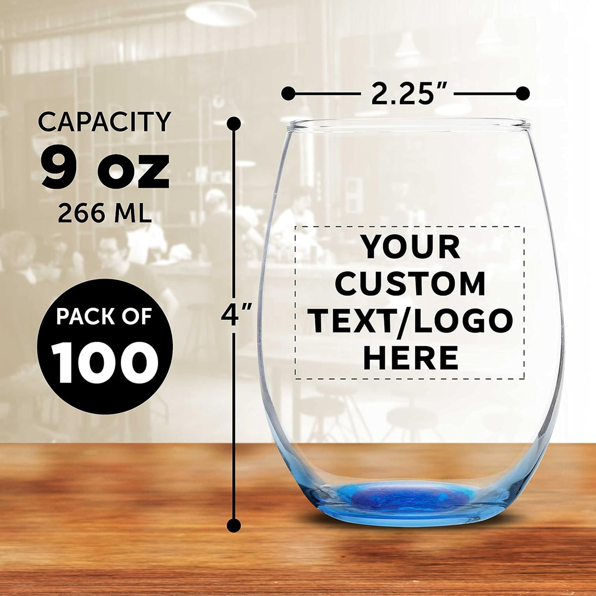 Custom Stemless Wine Glass 9 oz. Set of 100, Personalized Bulk Pack - Great for Wedding Favors