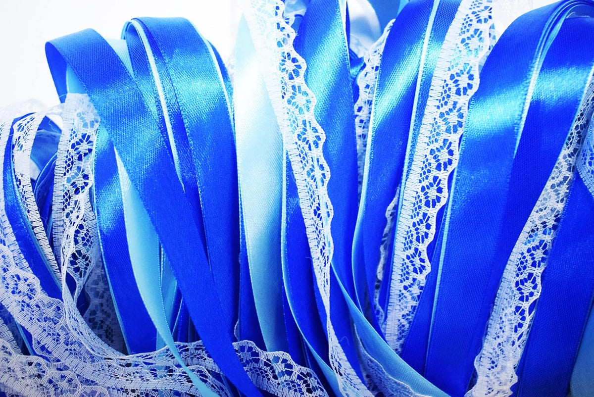 100 Pack Blue Lace Wedding Ribbon Wands Streamers with Bells Silk Fairy Wands Sticks Wedding Exit