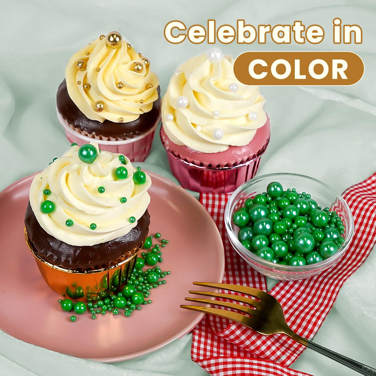 Christmas Edible Green Pearl Sprinkles, Edible Sugar Pearls for Cake Decorating, Cake Decorations
