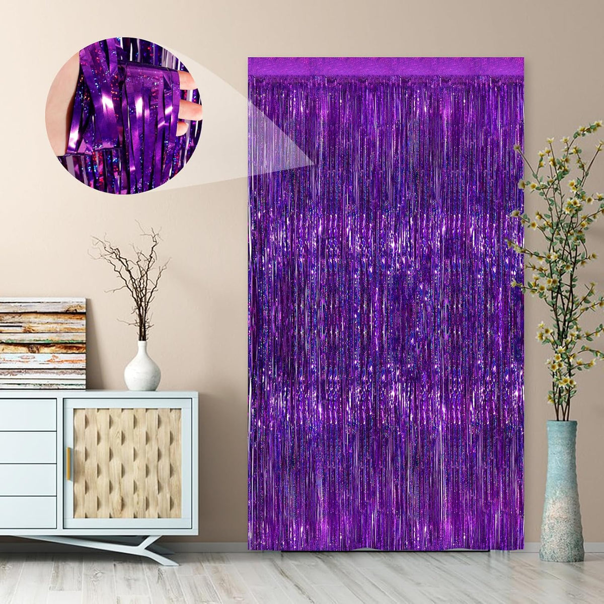 2 Pack Purple Metallic Tinsel Foil Fringe Curtains, Purple Streamers 3.3 x 8.3ft Party Streamers