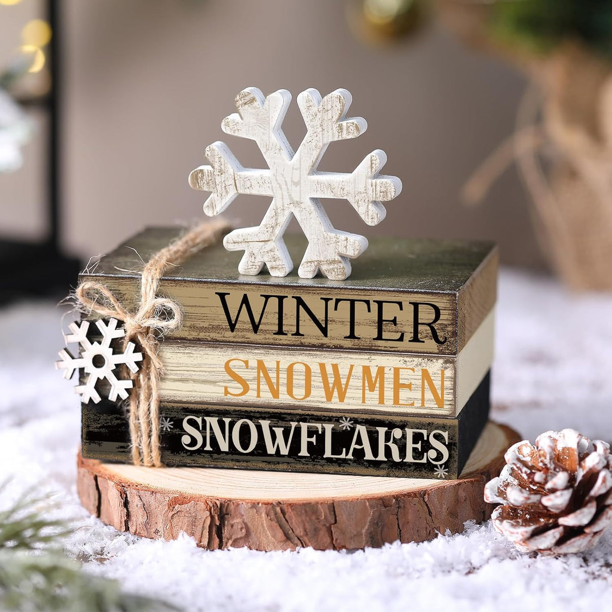 4 Pcs Winter Table Decorations Snowmmen Tiered Tray Decorations Christmas Mini Snowflake Wooden
