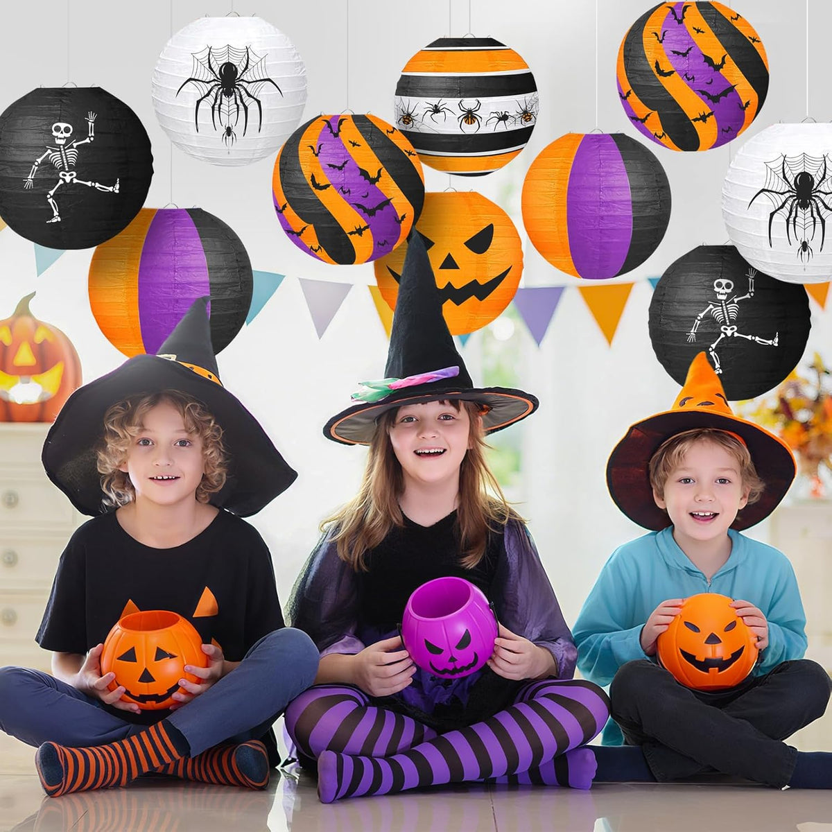 ADLKGG Halloween Party Decorations, Black Orange Purple Hanging Spider Bat Pumpkin Skeleton Paper