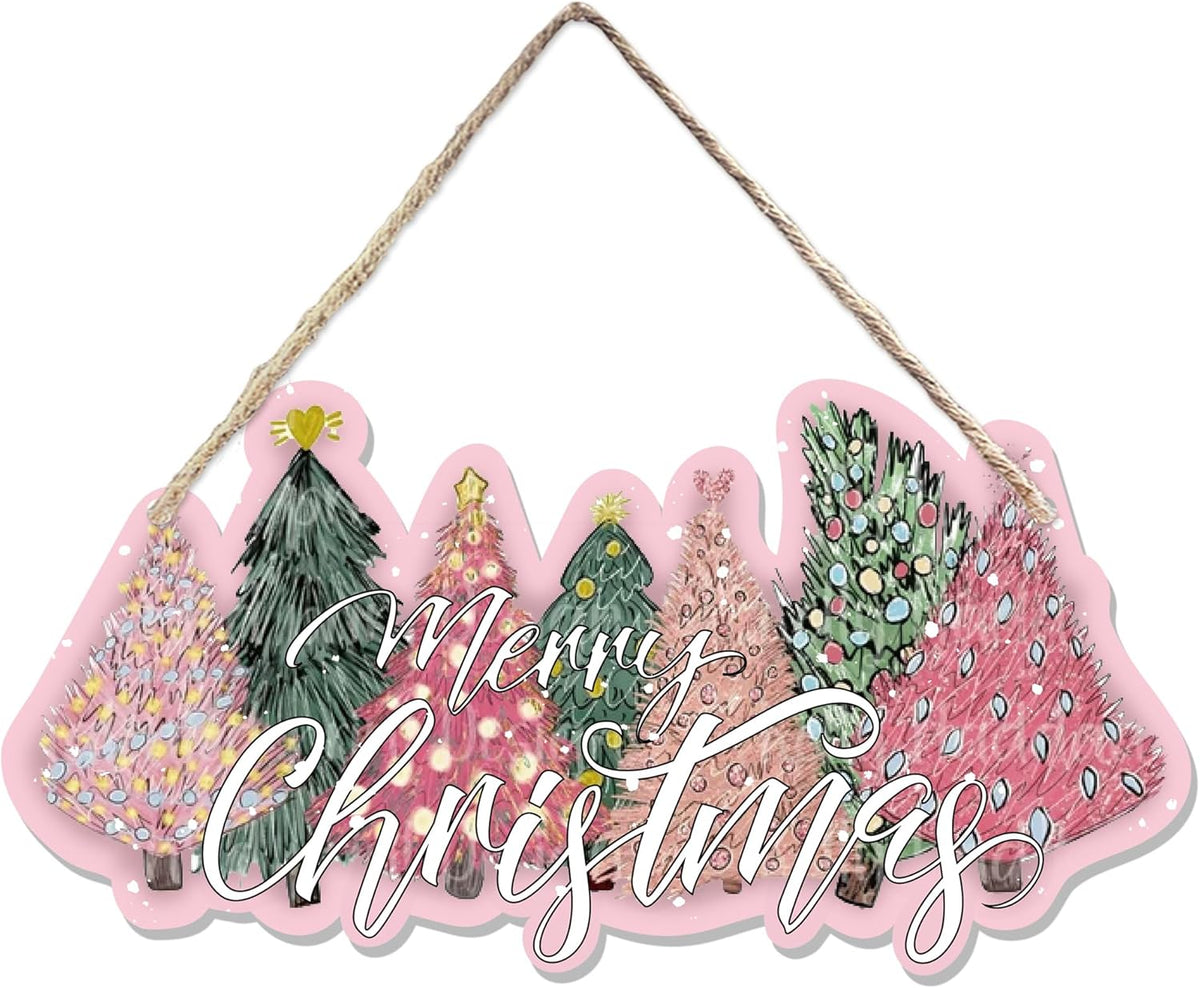 CGBHW Pink and Green Christmas Tree Wooden Sign, Merry Christmas Decoration Hanging Sign Wall