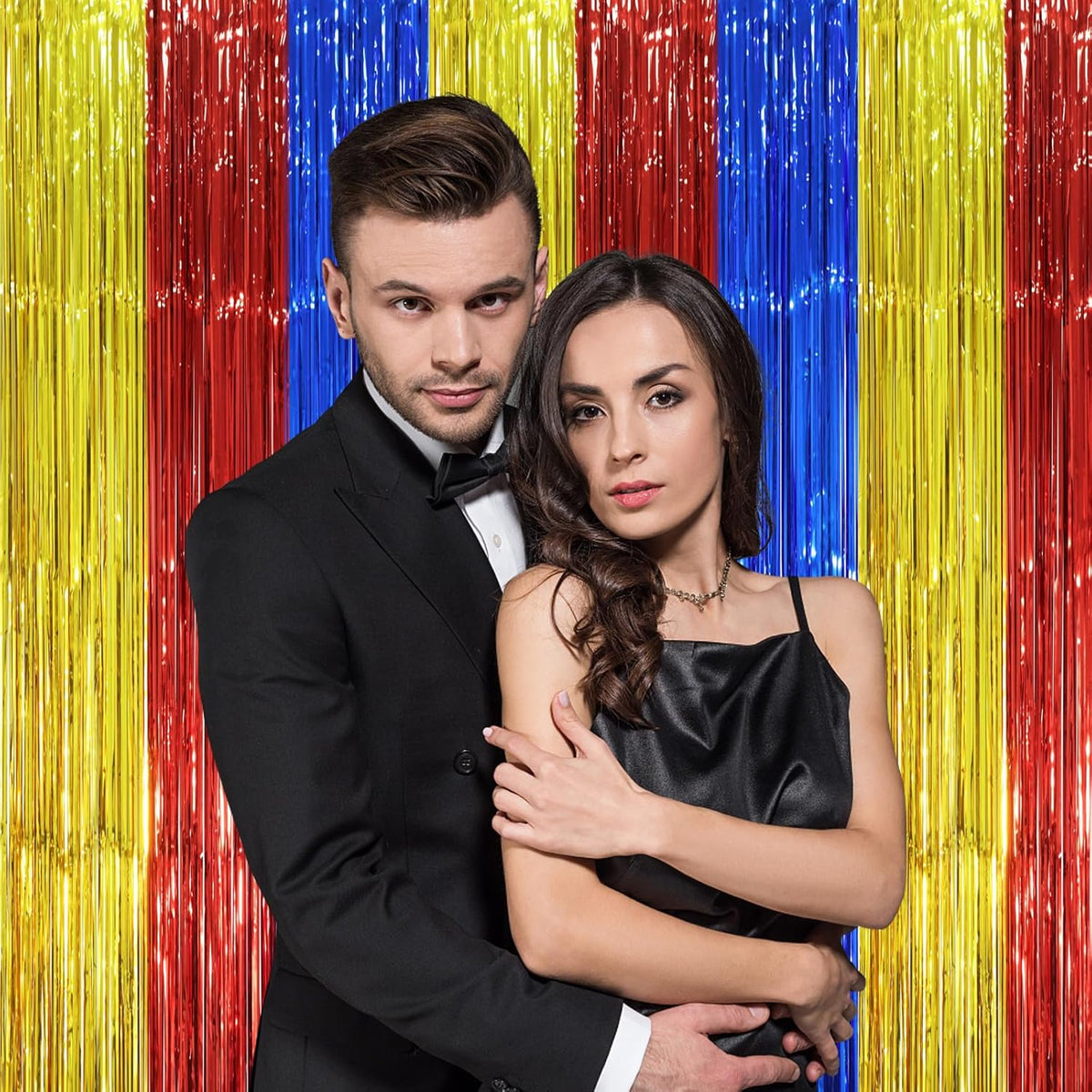 2 Pack Blue Red Gold Foil Fringe Backdrop Curtains, Tinsel Streamers Party Decorations, Fringe