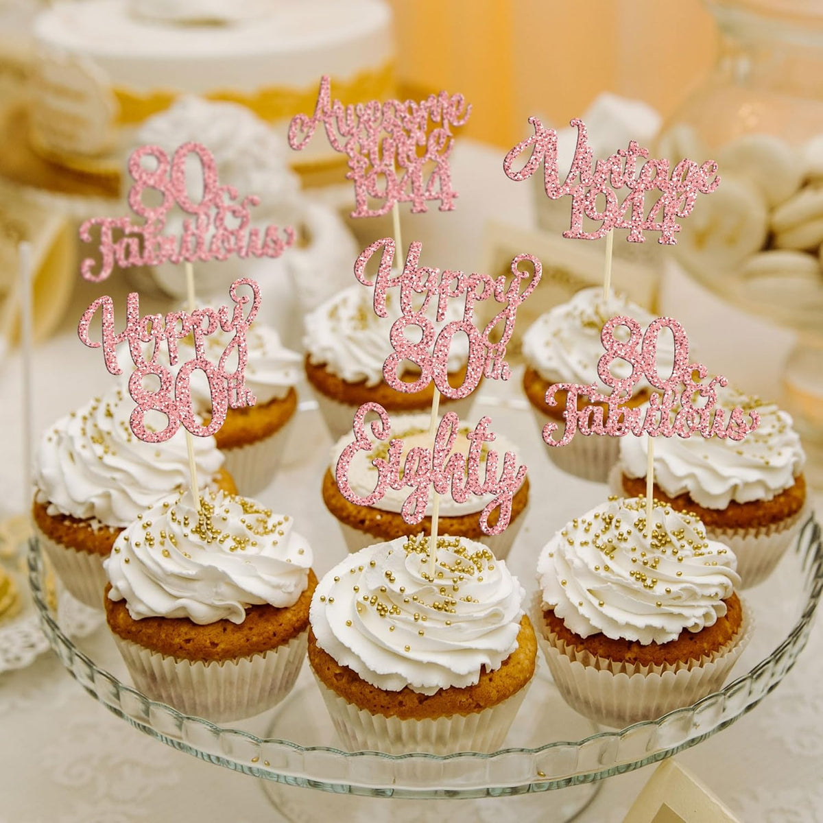 30Pcs Vintage 1944 Cupcake Toppers Glitter Eighty 80 Fabulous Happy 80th Birthday Cupcake Picks