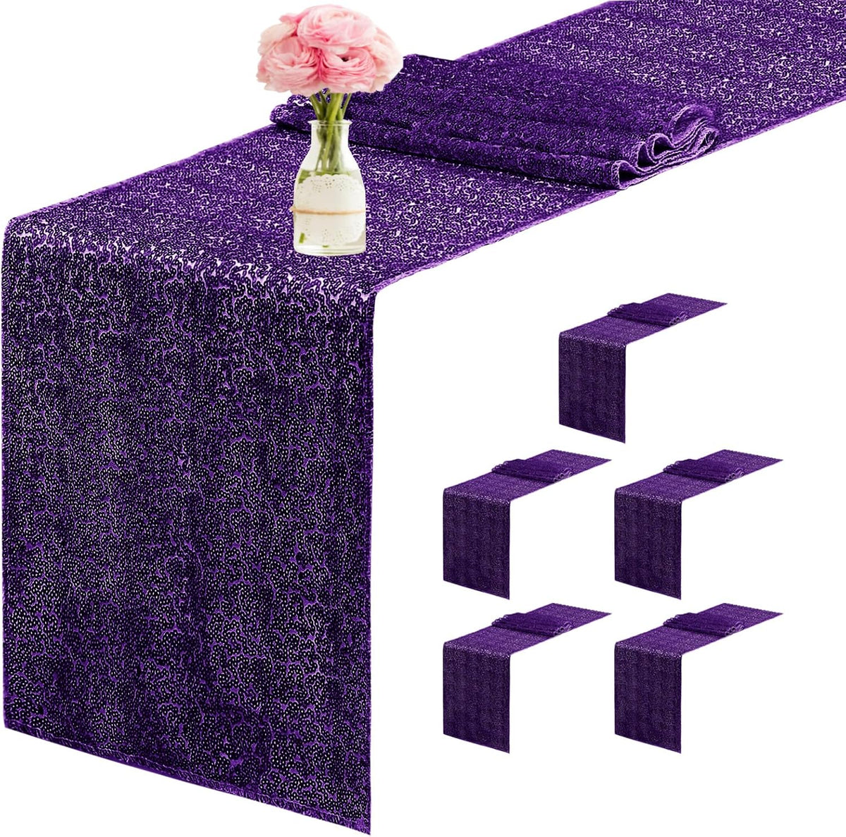 6 Packs 12 x 72 inches Sequin Table Runner, Purple Glitter Table Runner for Birthday Party Supplies