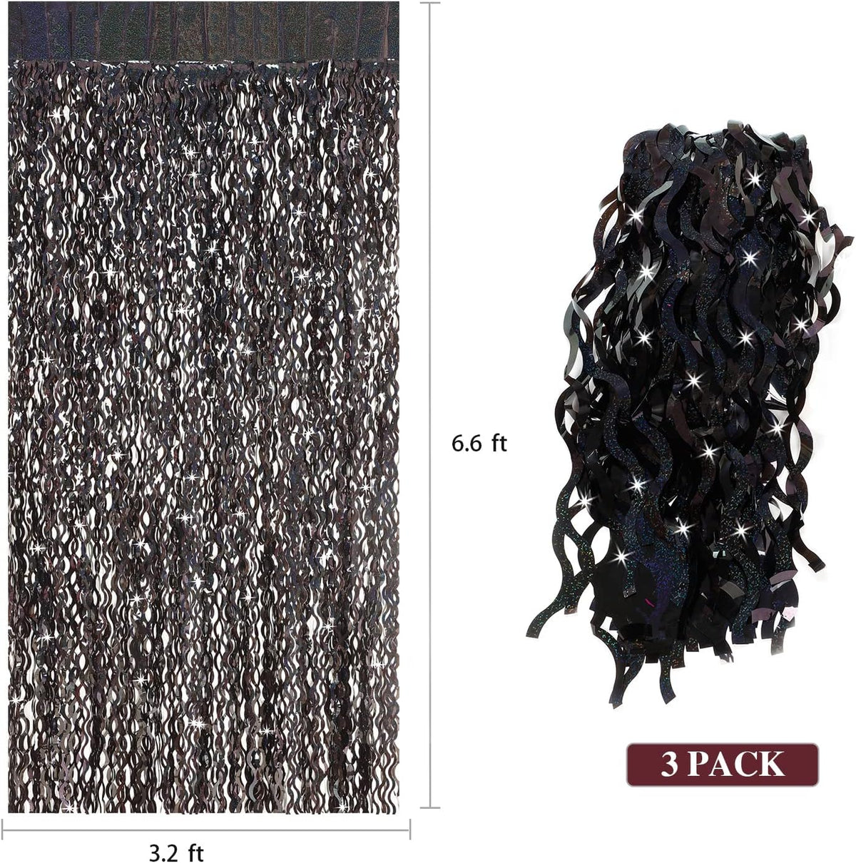 Black Foil Curtain Backdrop, CYLMFC 3 Pack 3.3 ft x 6.6 ft Sparkle Metallic Foil Curtains for Photo