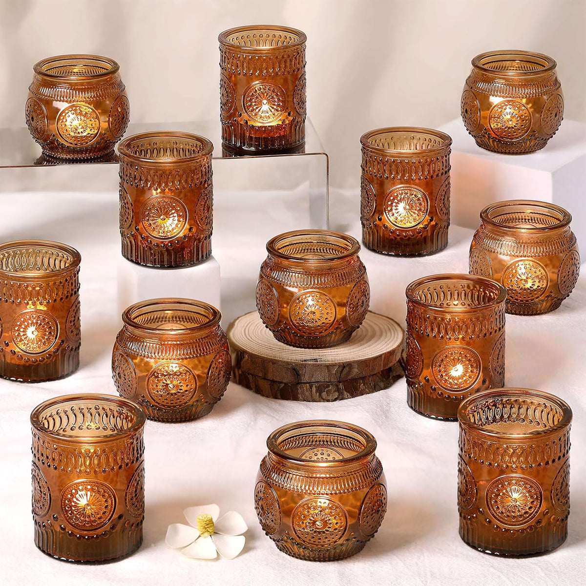 DARJEN 24Pcs Amber Votive Candle Holders - Vintage Glass Candle Holder, Candle Holders Bulk for