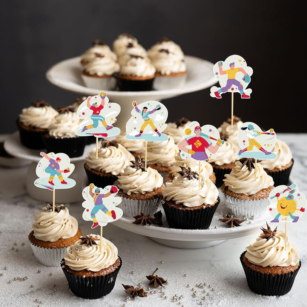 24pcs Baseball Cupcake Toppers Sports Game Baseball Players Cupcake Picks for Sports Baseball Theme
