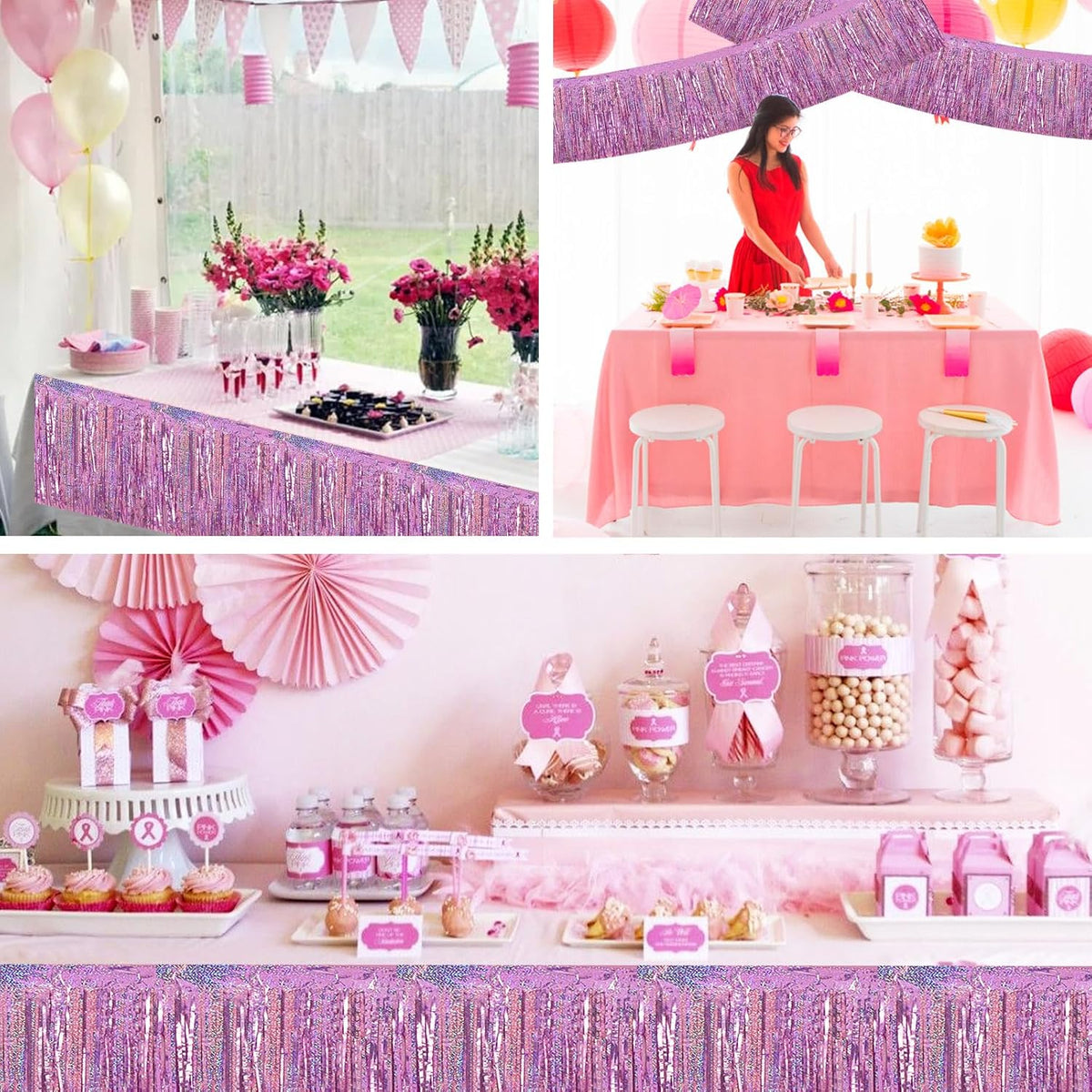 BEISHIDA 3 Packs Metallic Foil Fringe Garland Laser Light Pink Wall Hanging Tinsel Fringe Banners