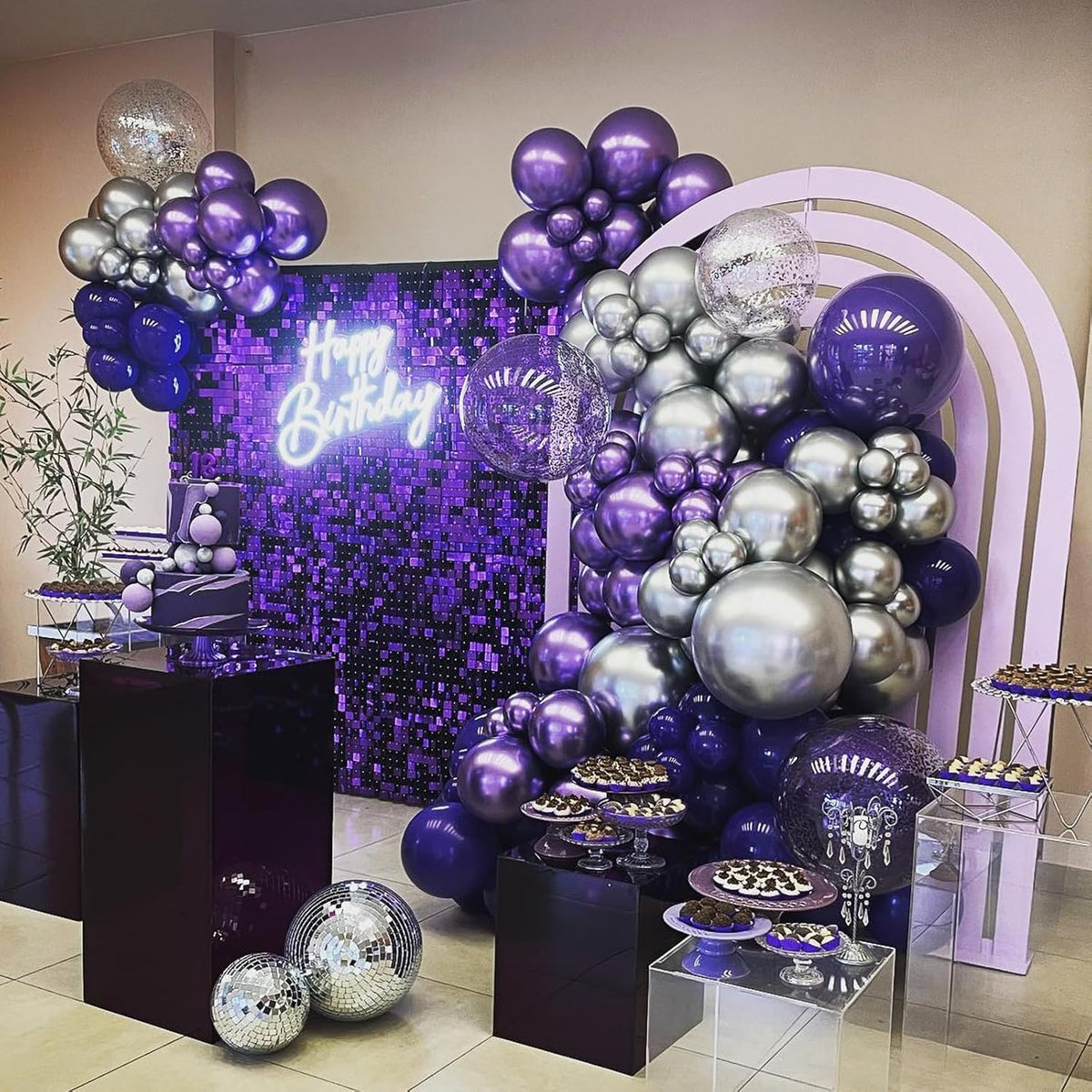 Purple and Black Balloons, 12 Inch Metallic Purple Dark Purple Black Balloons with Purple Confetti
