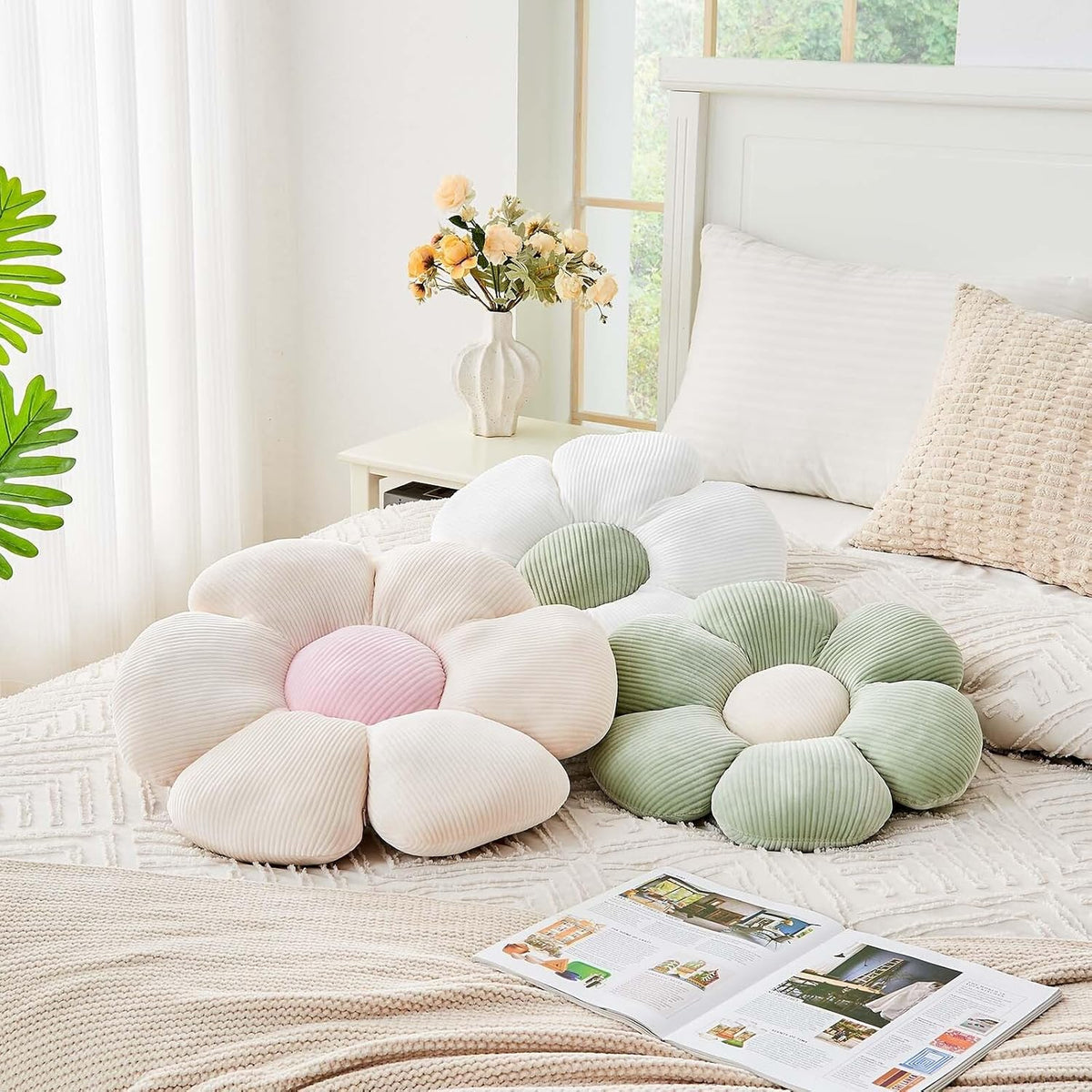 Beige Flower Pillow, 19.6" Cute Flower Shaped Floor Pillow, Aesthetic Floral Plush Daisy Decorative