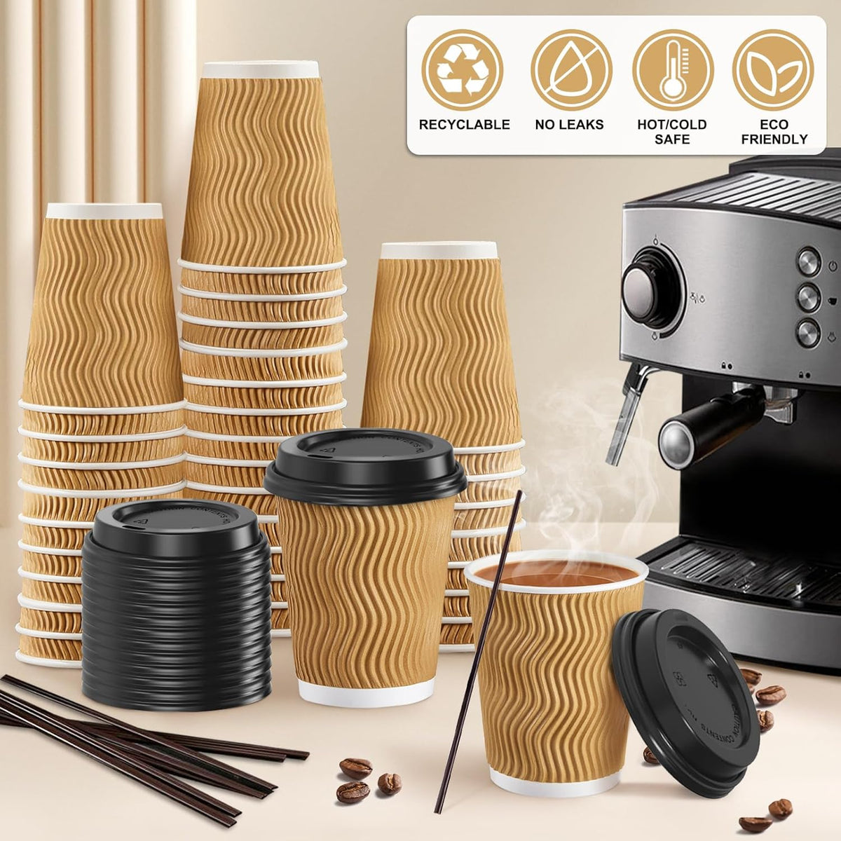 SIUQ 90 Pack - 8 oz Disposable Coffee Cups with Lids and Straws,To go Coffee Cups,Insulated