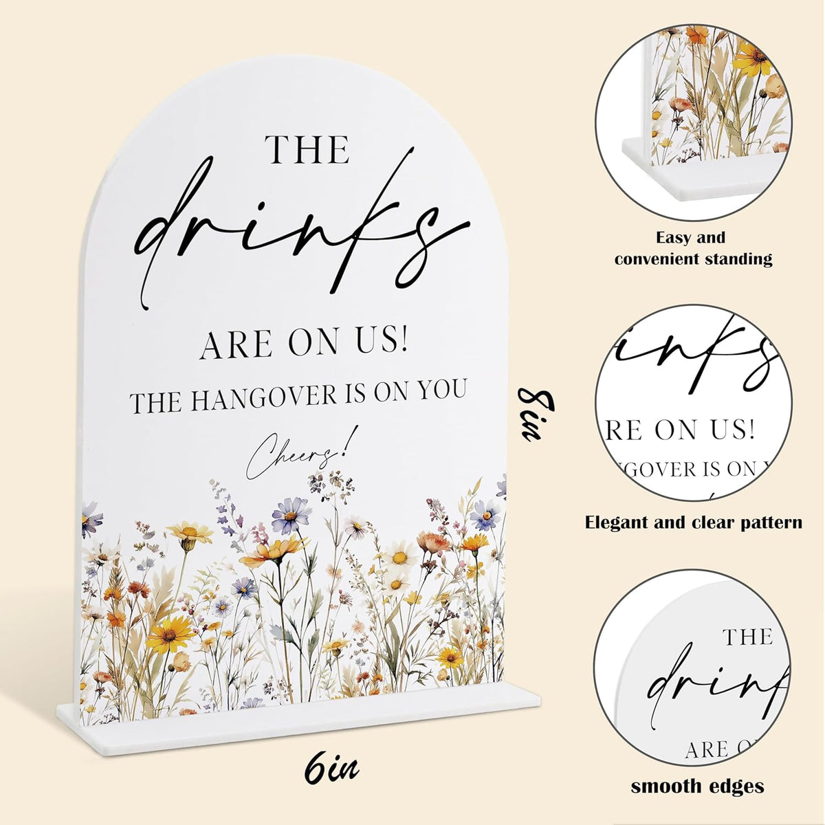 Wedding Signs for Ceremony and Reception, Boho Floral Acrylic Drinks are on Us Hangover is on You