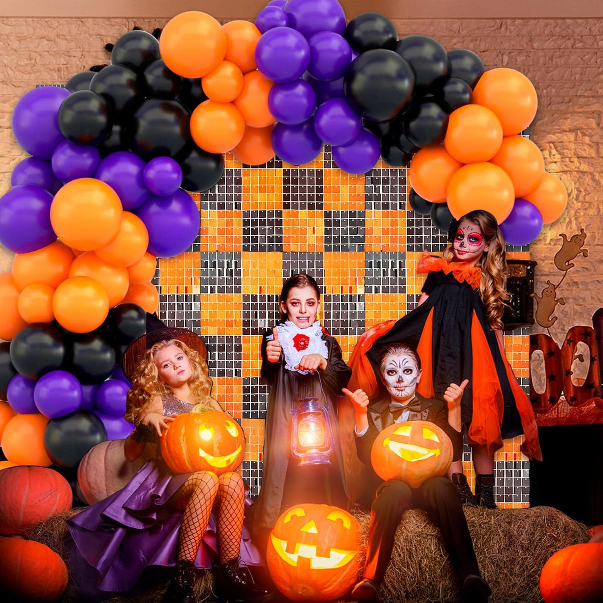 24PCS Black Orange Shimmer Wall Backdrop, Halloween Square Sequin Photo Backdrops Panel, Glitter
