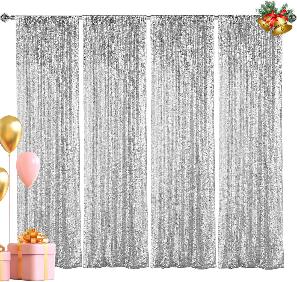 Hahuho Silver Sequin Backdrop Curtain, 4PCS 2FTx8FT Glitter Backdrop Curtain for Parties